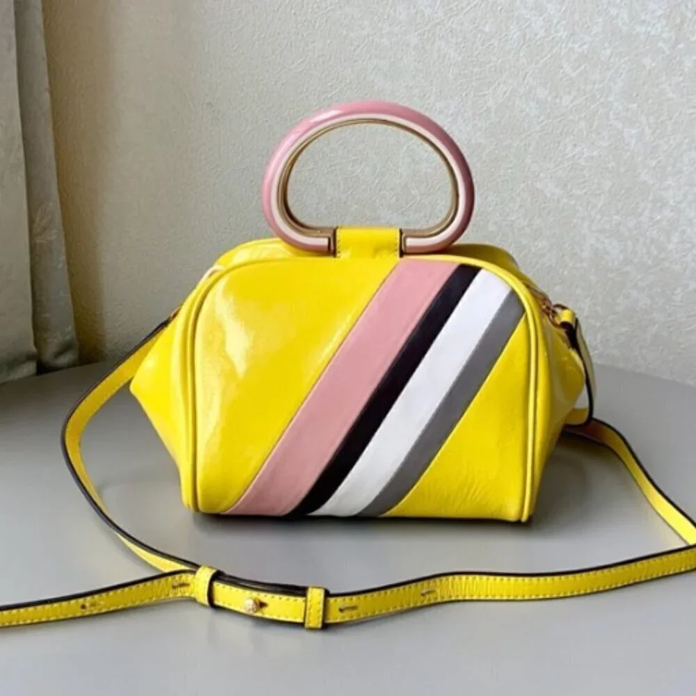 NEW! NWT! Tory Burch Half Moon Strip Mini Satchel Boston -Yellow Leather Women